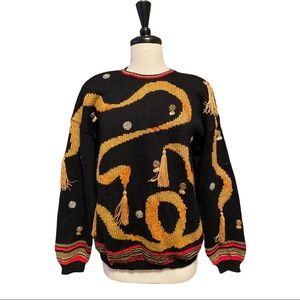 VTG 80s 90s Carole Little Embellished Metallic Gold Sweater Wool Blend Coins S